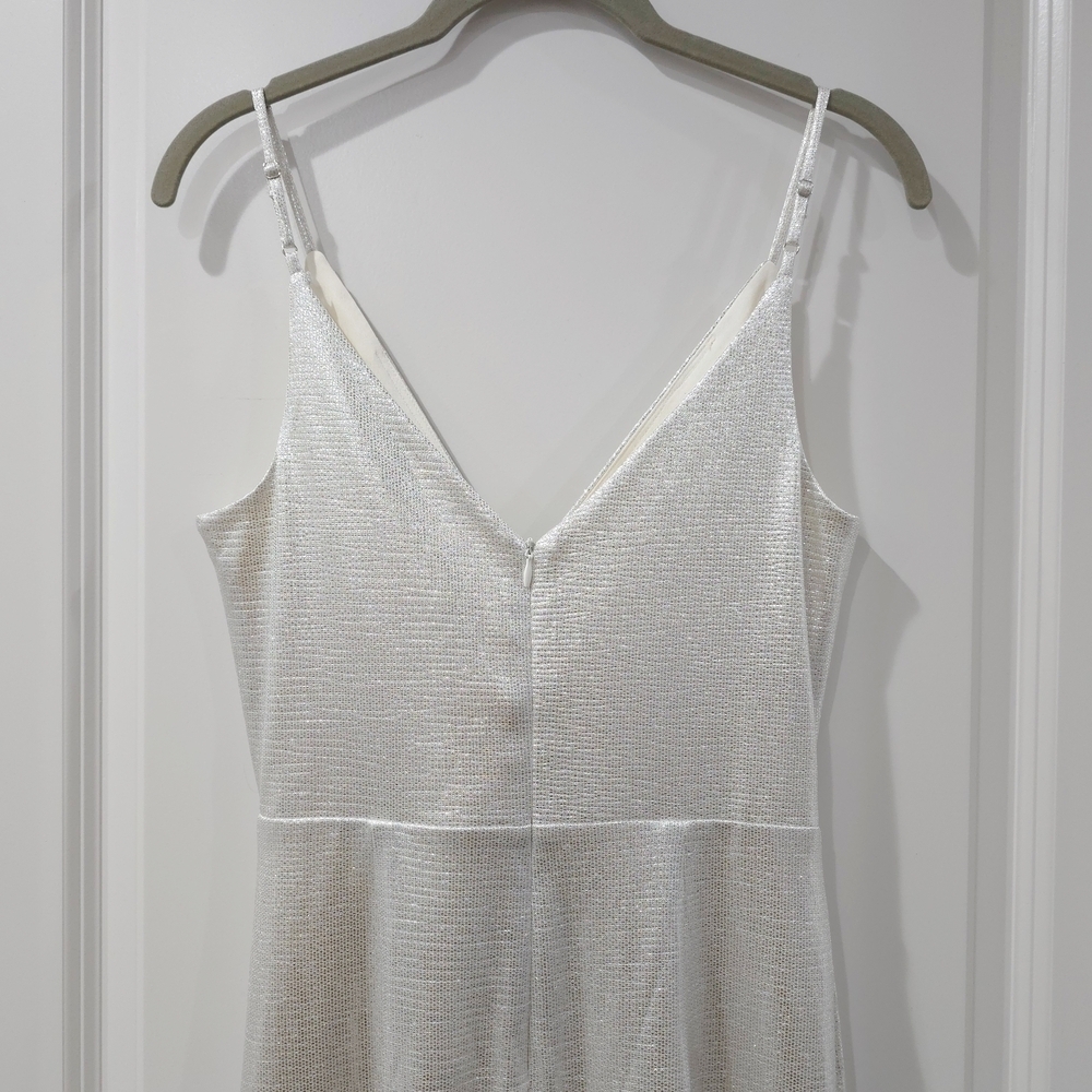 ELIZA J Ivory Shimmer Draped Maxi Dress with Ruffle Slit – Glam Occasion 6P - Picture 8 of 14